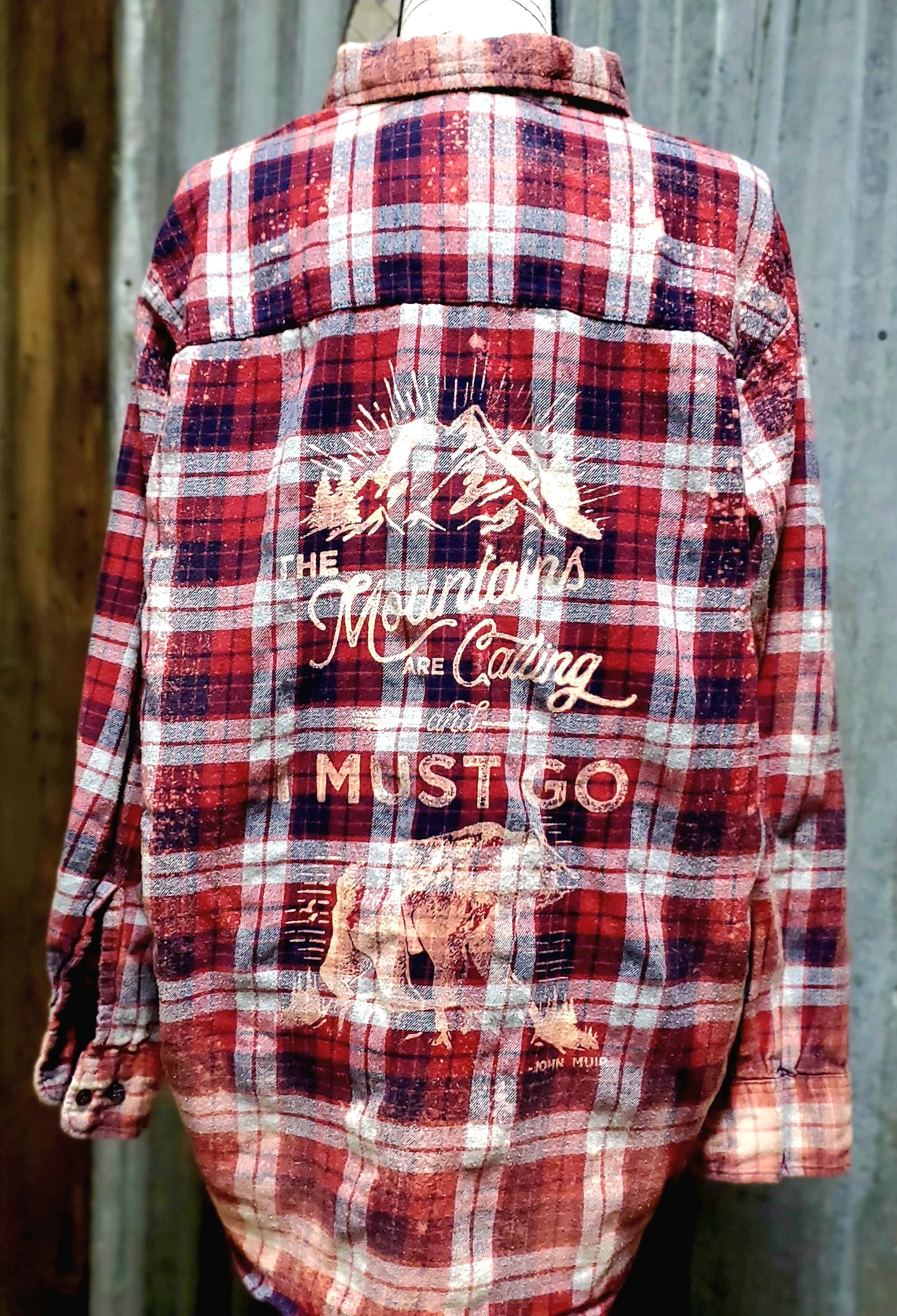 The Mountains are Calling and I Must Go - bleached flannel - RTS sz XL-ISH - Adventure Plaids