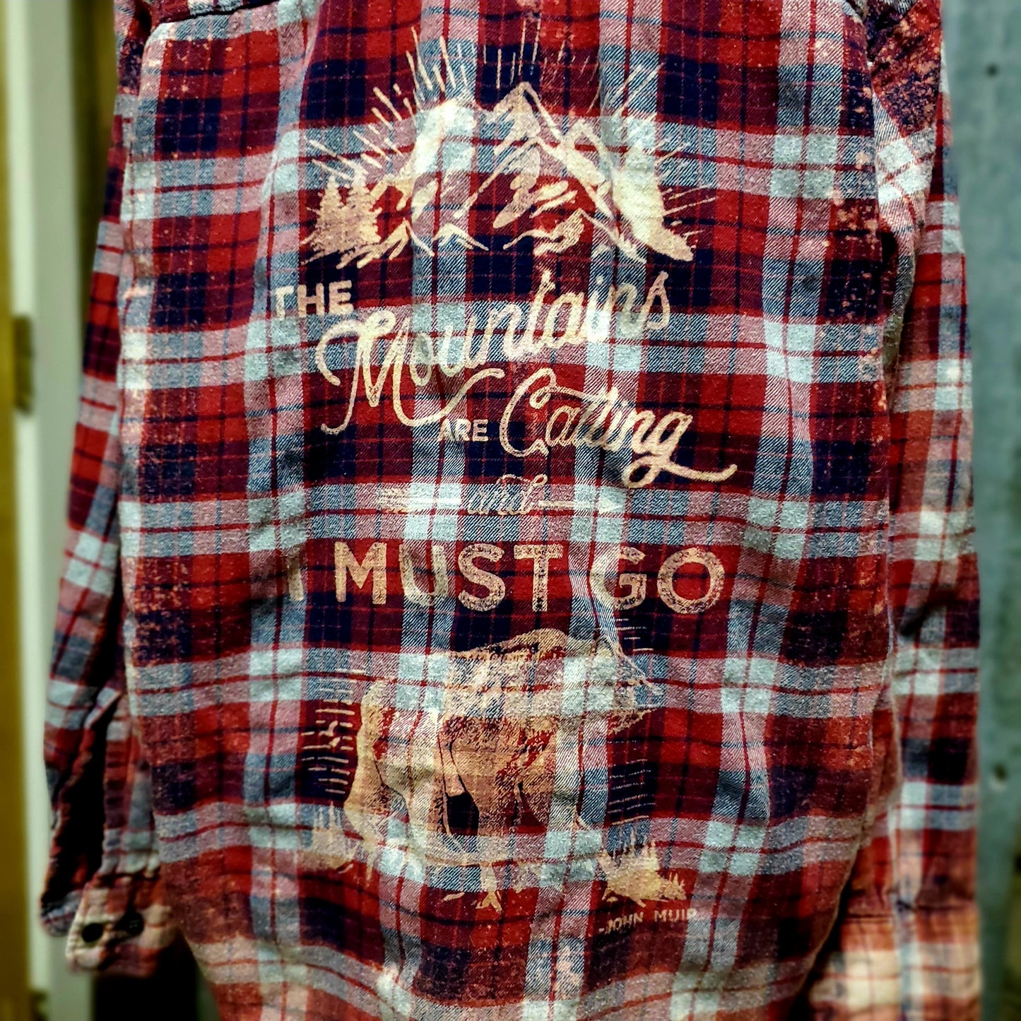 The Mountains are Calling and I Must Go - bleached flannel - RTS sz XL-ISH - Adventure Plaids