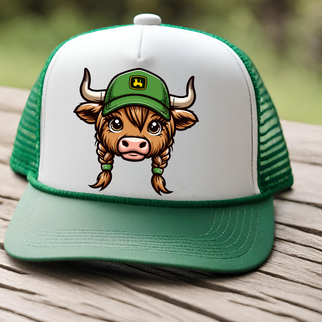 Brunette Pigtail Highland Cow - Trucker Hat - Adventure Plaids