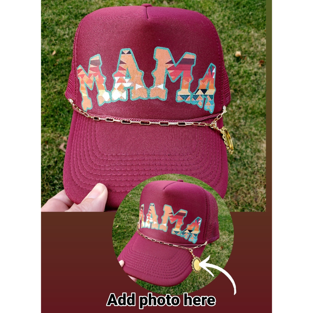 Mama Trucker Hat with Chain and Photo Charm - Adventure Plaids