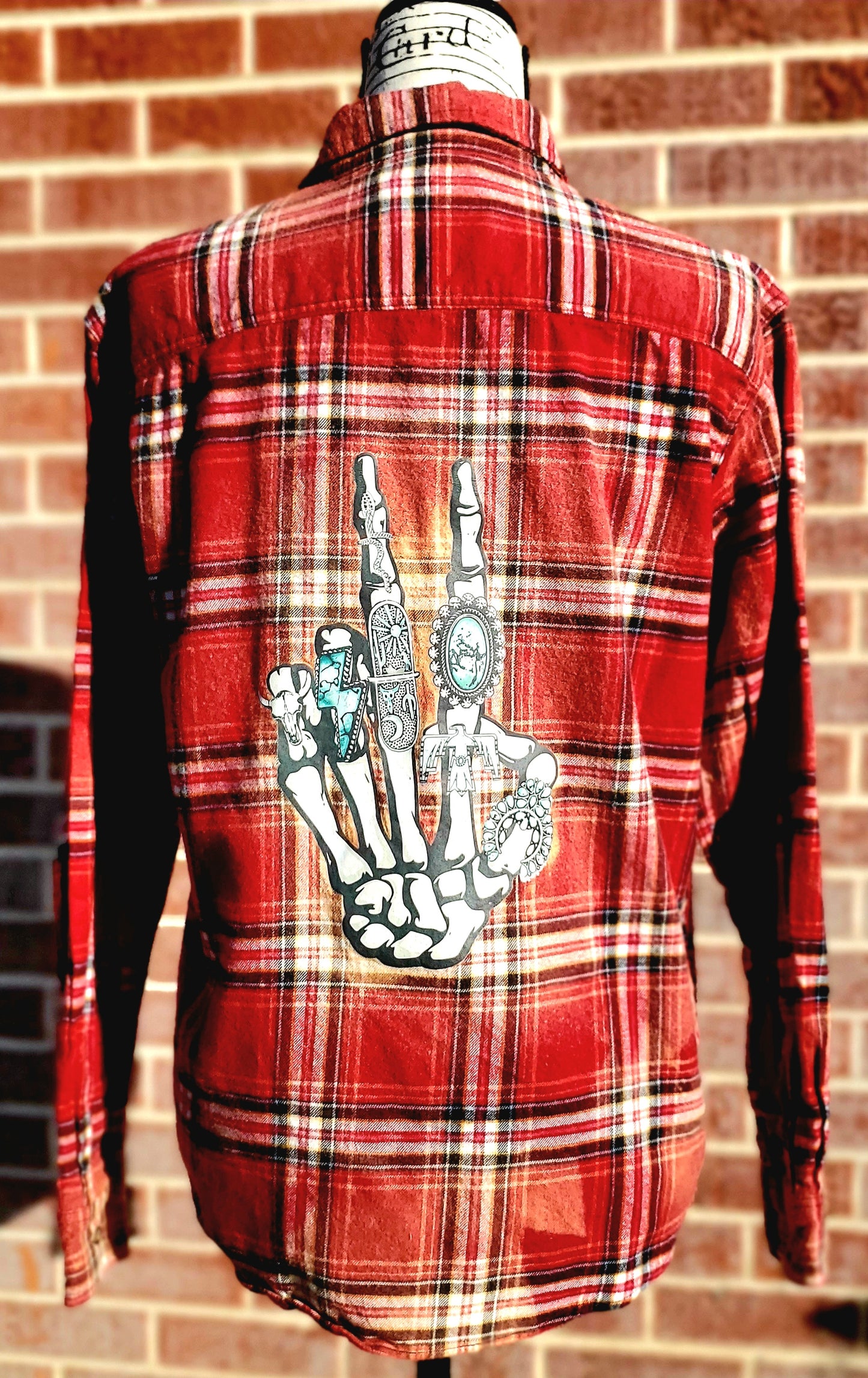 Peace Skull Hand Bleached Flannel - RTS Sz Medium-ish - Adventure Plaids